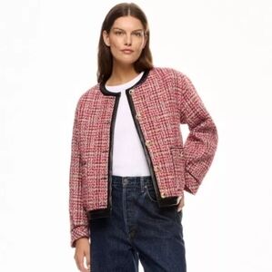 English Factory Tweed Blazer Sz M Boxy Boucle Faux Leather Trim Clueless